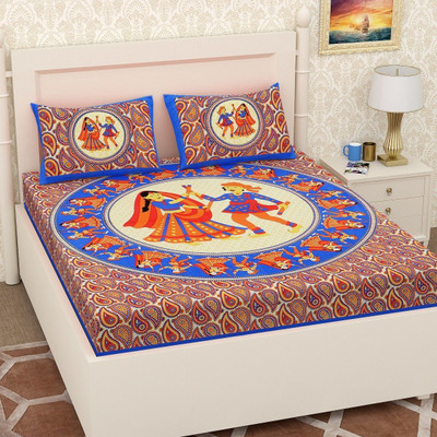 KANDY SHOP Cotton King Flat 250 TC Jaipuri Prints Bedsheet(Pack of 1, Multicolor)