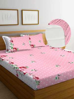 BeddingZone 210 TC Cotton Queen Printed Fitted (Elastic) Bedsheet(Pack of 1, Pink)