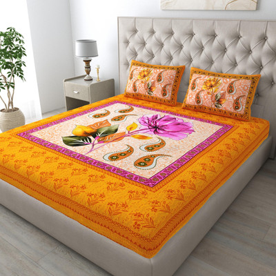 rise decore Cotton Double Flat 180 TC Motifs Bedsheet(Pack of 1, Yellow)