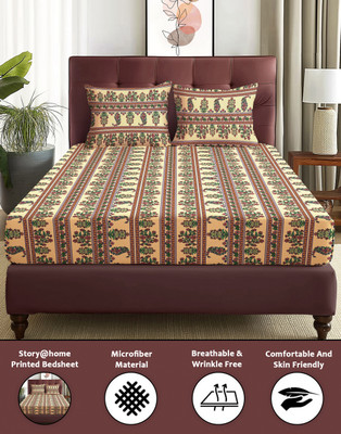 Story@home Microfiber Double Flat 180 TC Floral Bedsheet(Pack of 1, Beige)