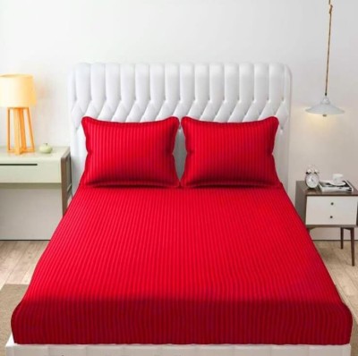 Skytex 140 TC Satin Double Striped Flat Bedsheet(Pack of 1, Red)