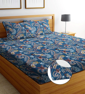 Cozyhaven Woolen Double Flat 400 TC Floral Bedsheet(Pack of 1, Blue)