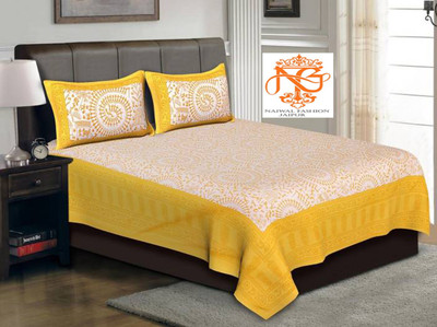 KANDY SHOP Cotton Double Flat 250 TC Printed Bedsheet(Pack of 1, Yellow, White)
