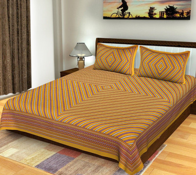 KANDY SHOP Cotton Queen Flat 220 TC Jaipuri Prints Bedsheet(Pack of 1, Yellow)