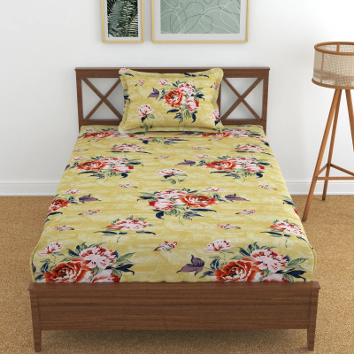 AUSIEE 180 TC Cotton Single Abstract Fitted (Elastic) Bedsheet(Pack of 1, Brown-Leaf)