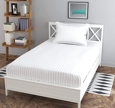 RUSTIC LINEN 144 TC Microfiber Single Striped Flat Bedsheet(Pack of 1, White)