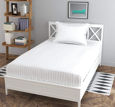lacoza 400 TC Satin, Cotton Single Striped Fitted (Elastic) Bedsheet(Pack of 1, White)
