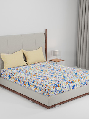 MYTRIDENT Cotton Queen Flat 144 TC Floral Bedsheet(Pack of 1, Gardenia Blooms Blue)