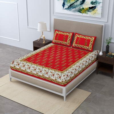 Mandakini 144 TC Cotton King Jaipuri Prints Flat Bedsheet(Pack of 1, Red)
