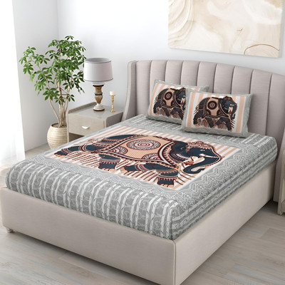 Bombay Spreads 220 TC Cotton King Jaipuri Prints Flat Bedsheet(Pack of 1, Grey)