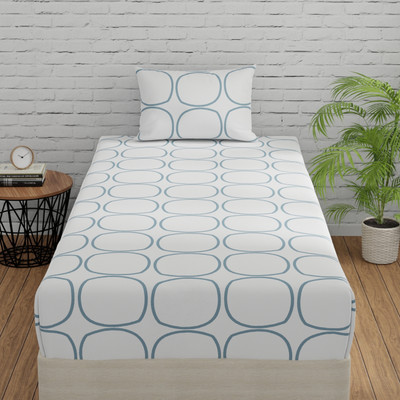 Huesland Cotton Single Flat 144 TC Printed Bedsheet(Pack of 1, White (Blue Circles))
