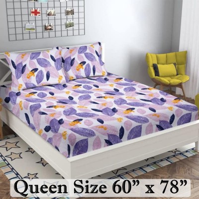 BEDORISM 300 TC Cotton Queen Printed Fitted (Elastic) Bedsheet(Pack of 1, White Leafe)