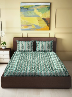 CARLTON LONDON 280 TC Cotton King Printed Flat Bedsheet(Pack of 1, Blue, Green)
