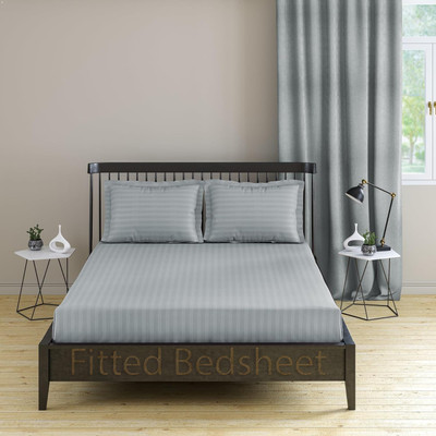 roman Cotton Queen Fitted (Elastic) 300 TC Striped Bedsheet(Pack of 1, Light Grey)