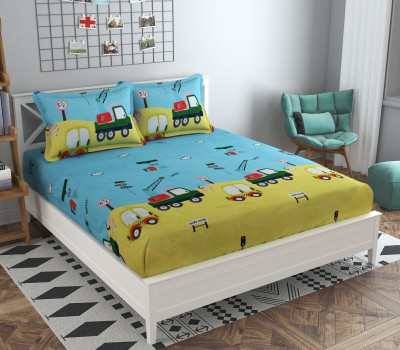 precise fabrics Microfiber Double Fitted (Elastic) 250 TC Printed Bedsheet(Pack of 3, Yellow)