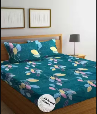 angeet Cotton Double Fitted (Elastic) 220 TC Floral Bedsheet(Pack of 1, Green)