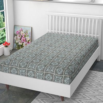 Mega Cart Home Polycotton Single Fitted (Elastic) 144 TC Printed Bedsheet(Pack of 1, Grey+Aqua)