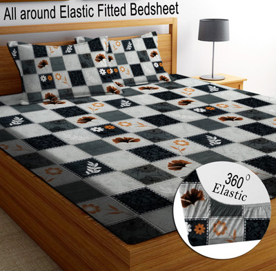 RisingStar Cotton Double, King Fitted (Elastic) 250 TC Printed Bedsheet(Pack of 1, GREY BLACK)