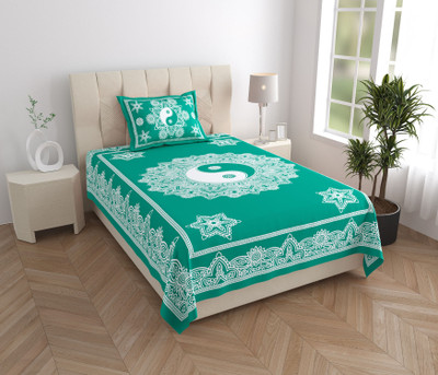 Monik Handicrafts Cotton Single Flat 144 TC Jaipuri Prints Bedsheet(Pack of 1, C Green)