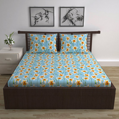 Divine Casa Cotton Double Flat 144 TC Floral Bedsheet(Pack of 1, Sky Blue)