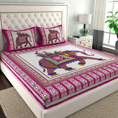Poorak 104 TC Cotton Double Jaipuri Prints Flat Bedsheet(Pack of 1, Elephant Pink)
