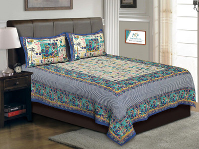 PALANG SHOBHA Cotton King Flat 400 TC Jaipuri Prints Bedsheet(Pack of 1, Blue)
