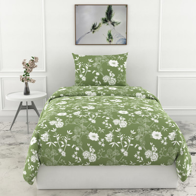 LORETO Cotton Single Flat 144 TC Floral Bedsheet(Pack of 1, Olive Green Floral Whisper)