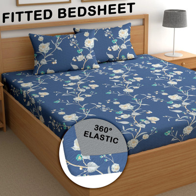 CG Homes Microfiber King Fitted (Elastic) 210 TC Printed Bedsheet(Pack of 1, Blue Floral)