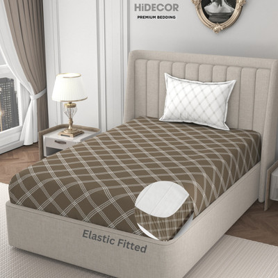 HIDECOR 280 TC Microfiber Single Geometric Fitted (Elastic) Bedsheet(Pack of 1, Beige & White)