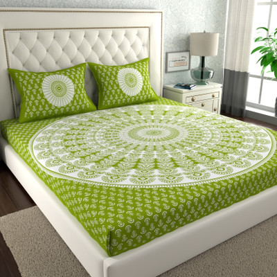 CLOTHOLOGY Cotton Double Flat 144 TC Jaipuri Prints Bedsheet(Pack of 1, Green, Light Green, White)