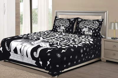 KANDY SHOP Cotton King Flat 290 TC Jaipuri Prints Bedsheet(Pack of 1, Black)
