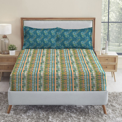 MYTRIDENT Cotton Queen Flat 144 TC Geometric Bedsheet(Pack of 1, Midnight Bloom)