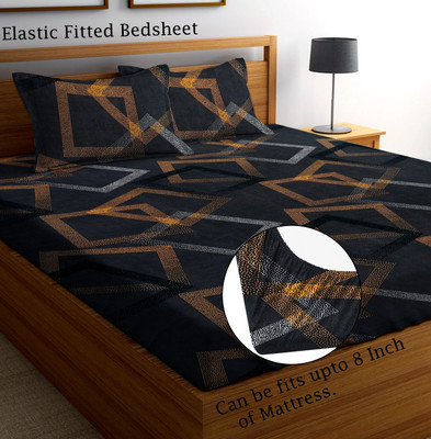 LEZANA Microfiber King Fitted (Elastic) 210 TC Geometric Bedsheet(Pack of 1, Black)