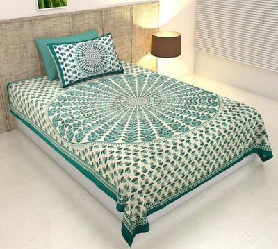 Monik Handicrafts 140 TC Cotton Single Jaipuri Prints Flat Bedsheet(Pack of 1, Light Green)