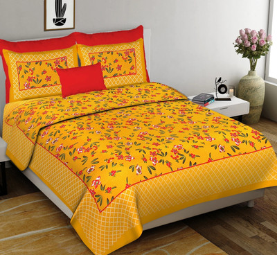 Cosito 144 TC Cotton Double Jaipuri Prints Flat Bedsheet(Pack of 1, Dark Yellow)