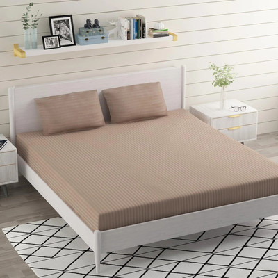 ATCamber Cotton Double Flat 300 TC Striped Bedsheet(Pack of 1, Beige)