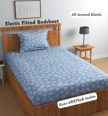Amrange 210 TC Polycotton Single Floral Fitted (Elastic) Bedsheet(Pack of 1, Blue)