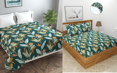 MORADO 210 TC Polycotton Double Floral Fitted (Elastic) Bedsheet(Pack of 2, Green)