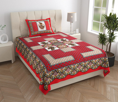 KOUNDAL Cotton Single Flat 144 TC Jaipuri Prints Bedsheet(Pack of 1, Red)