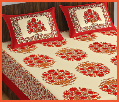 BedZone Cotton Double Flat 240 TC Jaipuri Prints Bedsheet(Pack of 1, Red)