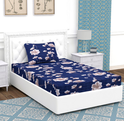BEVI Microfiber Single Flat 280 TC Floral Bedsheet(Pack of 1, Dark Blue)