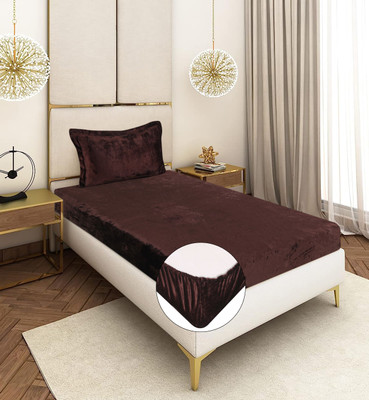BM Decor Velvet Single Fitted (Elastic) 300 TC Solid Bedsheet(Pack of 1, Brown)