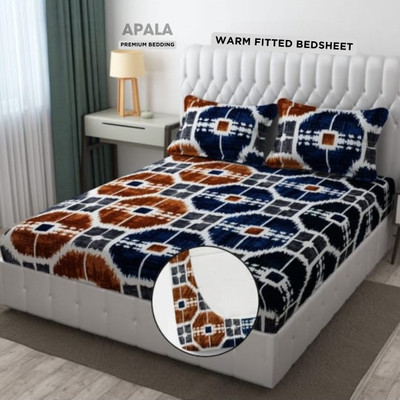 Apala 350 TC Woolen King Printed Fitted (Elastic) Bedsheet(Pack of 1, Brown)