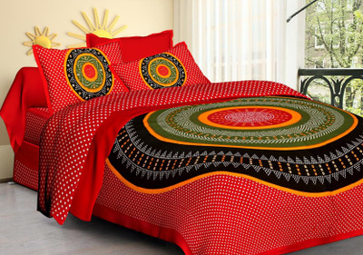 KKS Collections 200 TC Cotton Double Jaipuri Prints Flat Bedsheet(Pack of 1, Red)