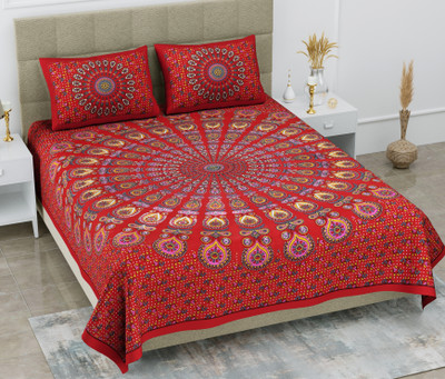 KOUNDAL Cotton Double Flat 144 TC Floral Bedsheet(Pack of 1, Red)