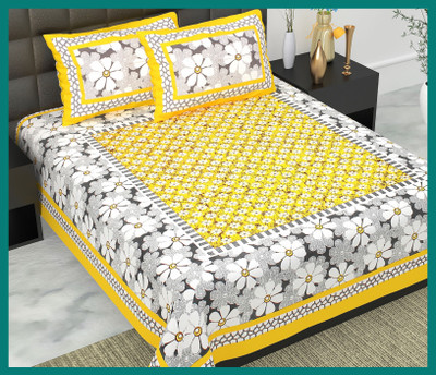 BedZone Cotton Double Flat 240 TC Jaipuri Prints Bedsheet(Pack of 1, Yellow)