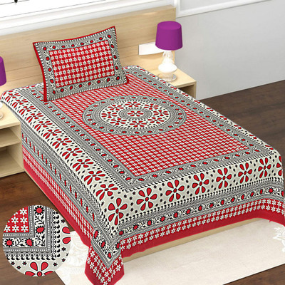 LILADEEP 152 TC Cotton Single Jaipuri Prints Flat Bedsheet(Pack of 1, Red)