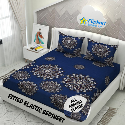 Flipkart SmartBuy 250 TC Microfiber Double Abstract Fitted (Elastic) Bedsheet(Pack of 1, Blue)