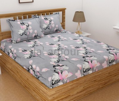 la' amour 180 TC Cotton Double Floral Flat Bedsheet(Pack of 2, Grey & Pink)
