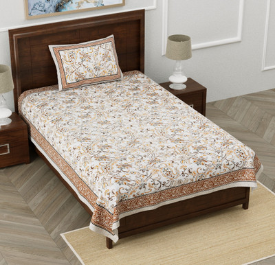 GrihSansaar Cotton Single Flat 210 TC Jaipuri Prints Bedsheet(Pack of 1, Brown)